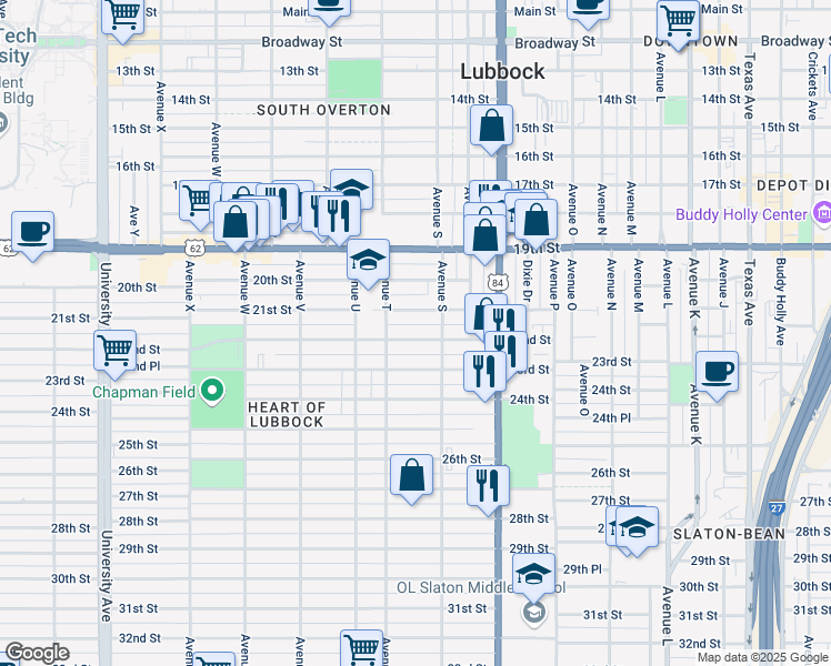 map of restaurants, bars, coffee shops, grocery stores, and more near 1919 22nd Street in Lubbock