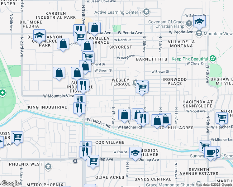 map of restaurants, bars, coffee shops, grocery stores, and more near 1637 West Mountain View Road in Phoenix