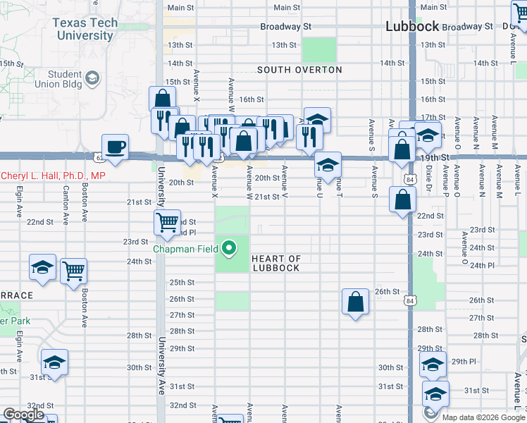 map of restaurants, bars, coffee shops, grocery stores, and more near 2216 22nd Street in Lubbock