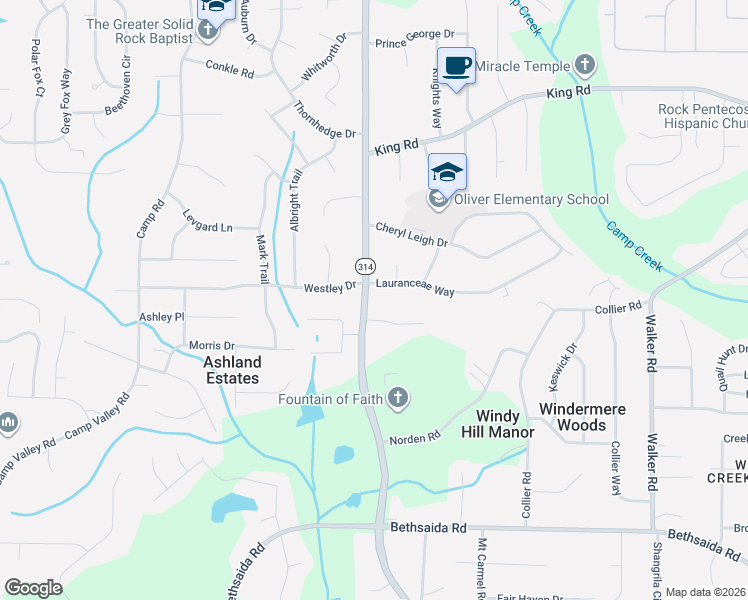 map of restaurants, bars, coffee shops, grocery stores, and more near 6594 West Fayetteville Road in Riverdale