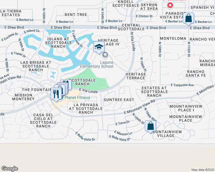 map of restaurants, bars, coffee shops, grocery stores, and more near 10455 East Vía Linda in Scottsdale