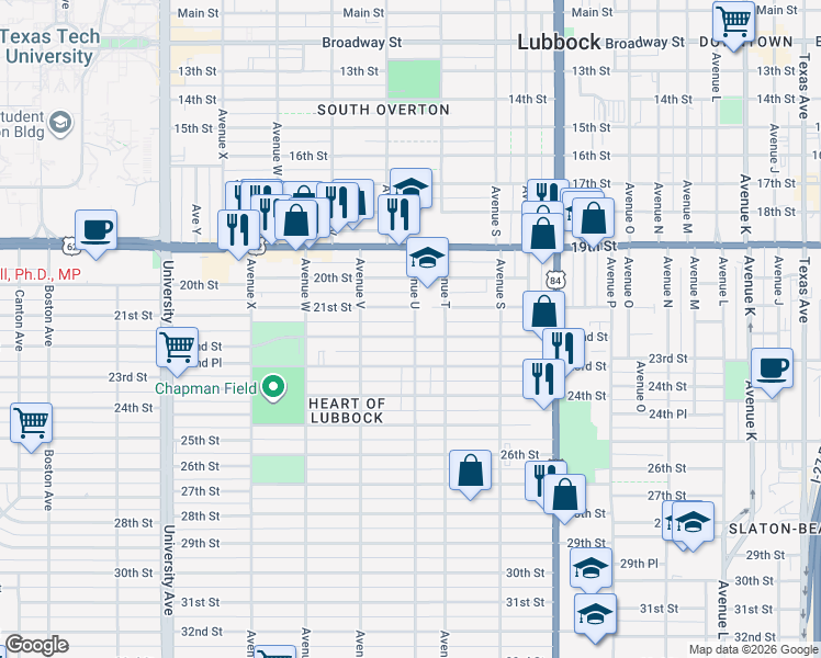map of restaurants, bars, coffee shops, grocery stores, and more near 2102 22nd Street in Lubbock