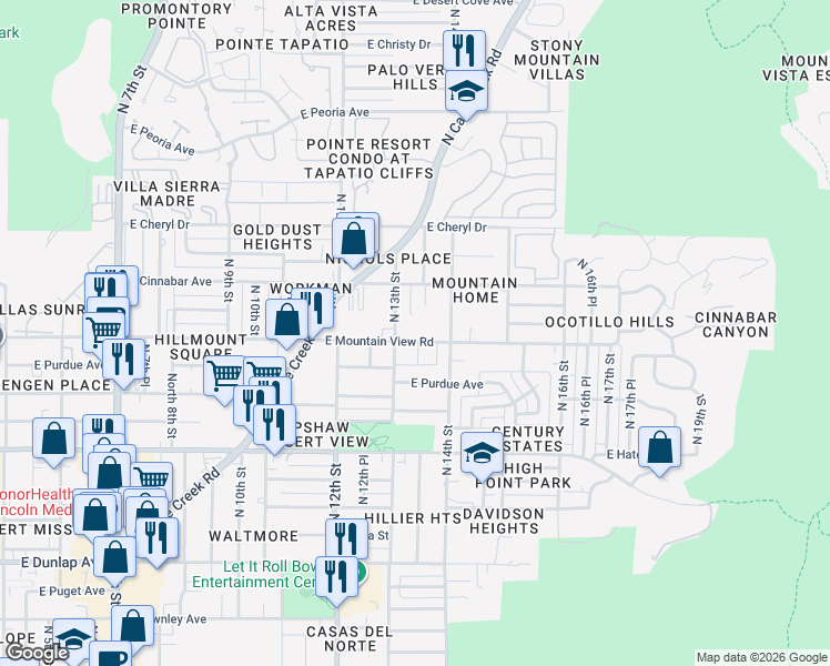 map of restaurants, bars, coffee shops, grocery stores, and more near 1321 East Mountain View Road in Phoenix