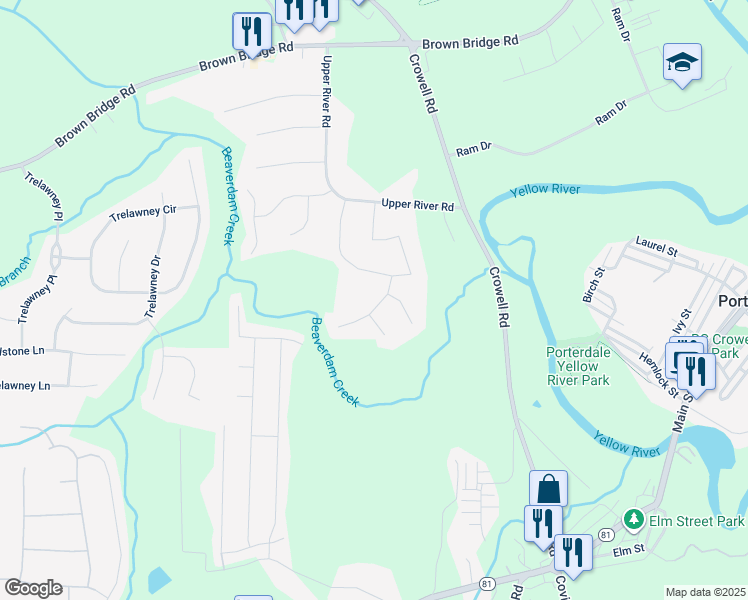 map of restaurants, bars, coffee shops, grocery stores, and more near 15 Cory Court in Covington