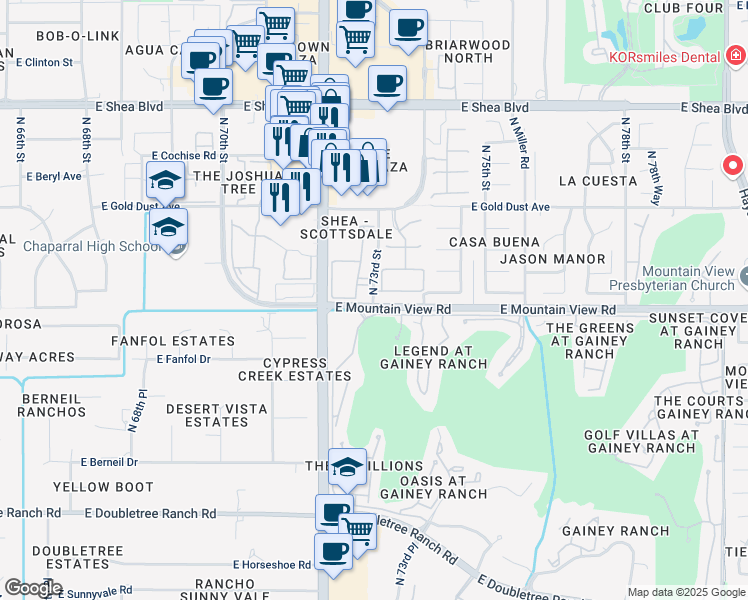 map of restaurants, bars, coffee shops, grocery stores, and more near 9850 North 73rd Street in Scottsdale