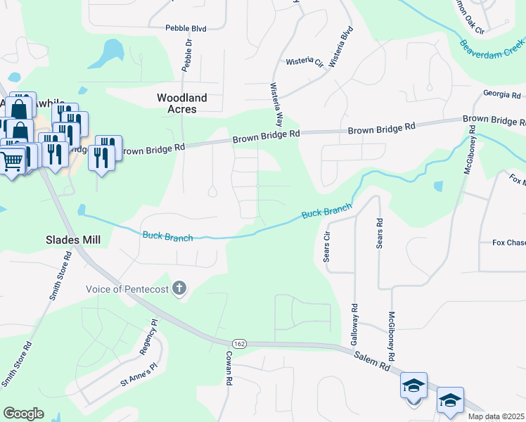 map of restaurants, bars, coffee shops, grocery stores, and more near 195 Amberjack Trail in Covington
