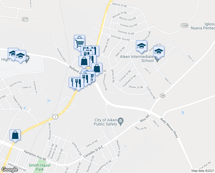map of restaurants, bars, coffee shops, grocery stores, and more near 113 Brentwood Place in Aiken
