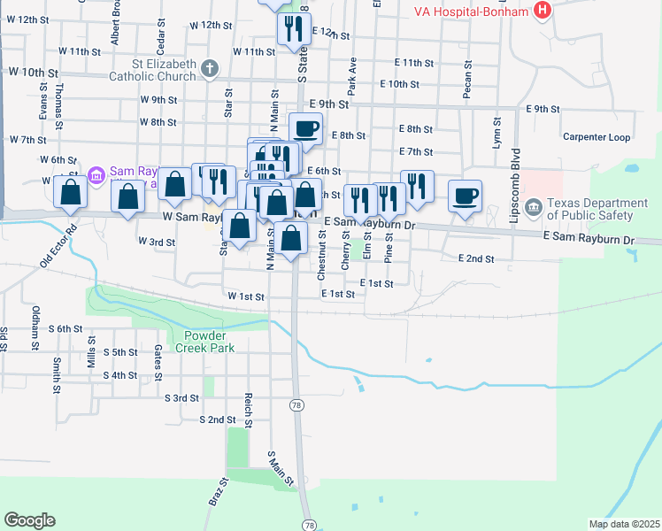 map of restaurants, bars, coffee shops, grocery stores, and more near 306 East 2nd Street in Bonham