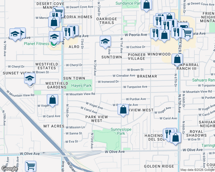 map of restaurants, bars, coffee shops, grocery stores, and more near 7204 West Mountain View Road in Peoria