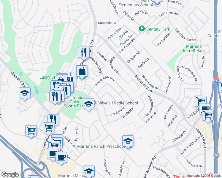 map of restaurants, bars, coffee shops, grocery stores, and more near 24575 Avenue Musico in Murrieta