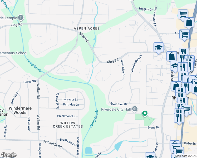 map of restaurants, bars, coffee shops, grocery stores, and more near 1193 Drawbridge Drive in Riverdale