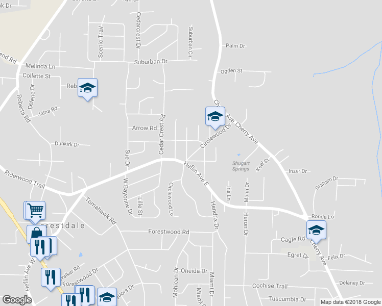 map of restaurants, bars, coffee shops, grocery stores, and more near 1716 Circlewood Drive in Birmingham