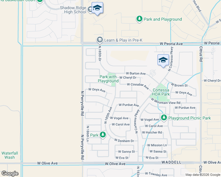 map of restaurants, bars, coffee shops, grocery stores, and more near 18519 West Onyx Avenue in Waddell