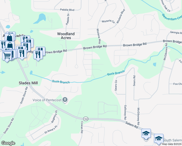 map of restaurants, bars, coffee shops, grocery stores, and more near 190 Amberjack Trail in Covington