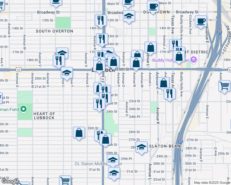 map of restaurants, bars, coffee shops, grocery stores, and more near 2205 Avenue P in Lubbock