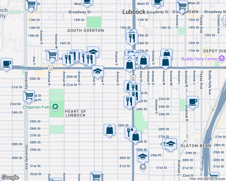 map of restaurants, bars, coffee shops, grocery stores, and more near 1901 22nd Street in Lubbock