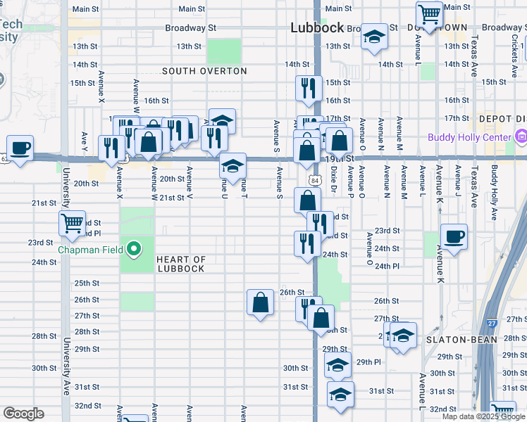 map of restaurants, bars, coffee shops, grocery stores, and more near 1919 22nd Street in Lubbock