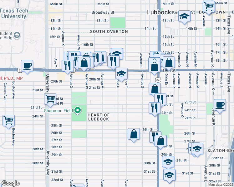 map of restaurants, bars, coffee shops, grocery stores, and more near 2009 22nd Street in Lubbock