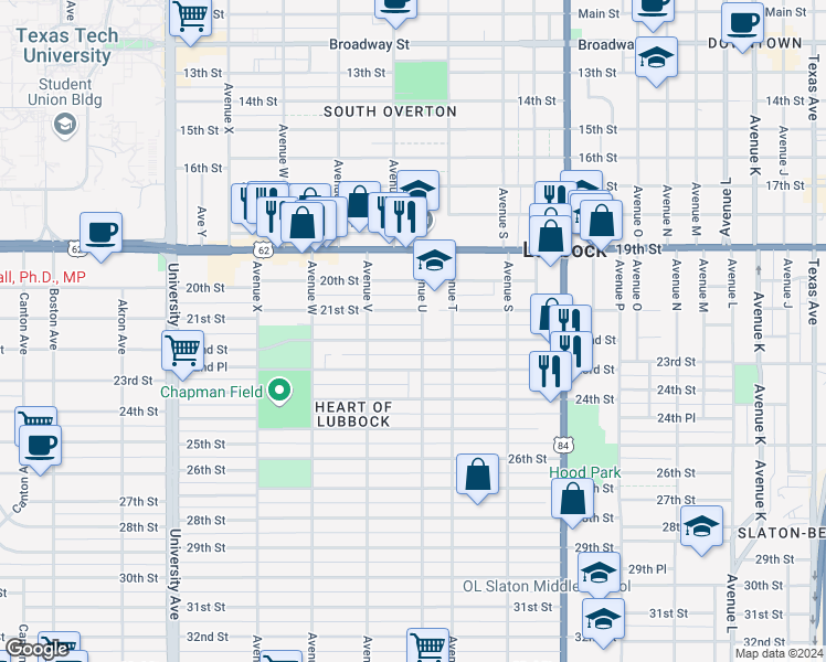 map of restaurants, bars, coffee shops, grocery stores, and more near 2009 22nd Street in Lubbock