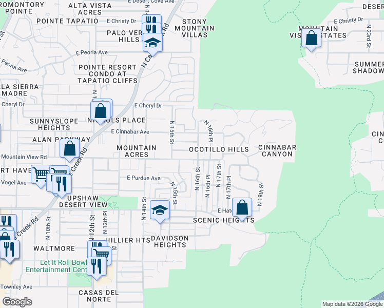 map of restaurants, bars, coffee shops, grocery stores, and more near 1545 East Mountain View Road in Phoenix