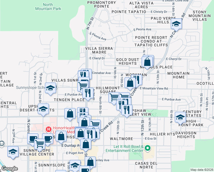map of restaurants, bars, coffee shops, grocery stores, and more near 820 East Purdue Avenue in Phoenix