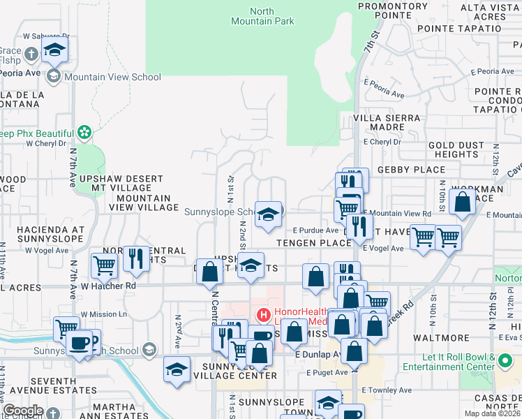 map of restaurants, bars, coffee shops, grocery stores, and more near 245 East Mountain View Road in Phoenix