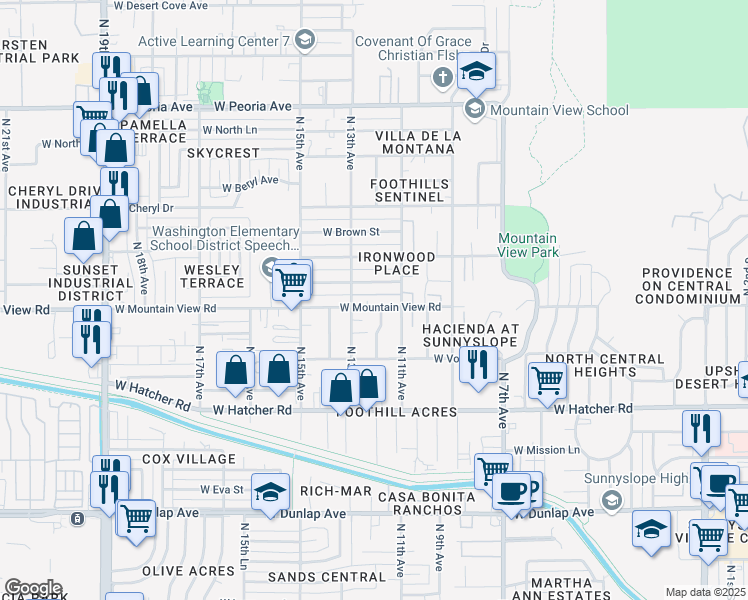 map of restaurants, bars, coffee shops, grocery stores, and more near 9639 North 12th Avenue in Phoenix