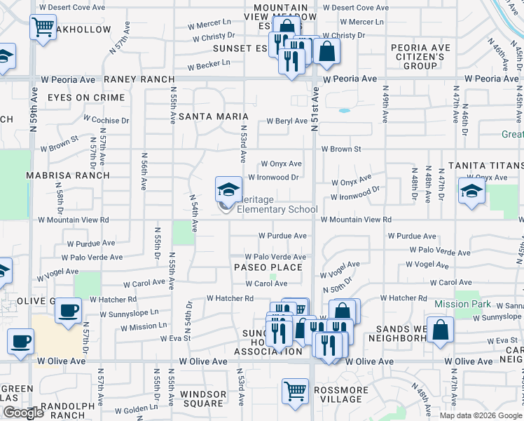 map of restaurants, bars, coffee shops, grocery stores, and more near 9700-9798 North 52nd Avenue in Glendale