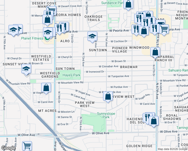 map of restaurants, bars, coffee shops, grocery stores, and more near 7204 West Mountain View Road in Peoria