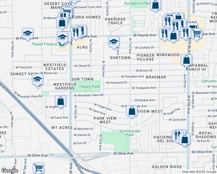 map of restaurants, bars, coffee shops, grocery stores, and more near 7246 West Mountain View Road in Peoria