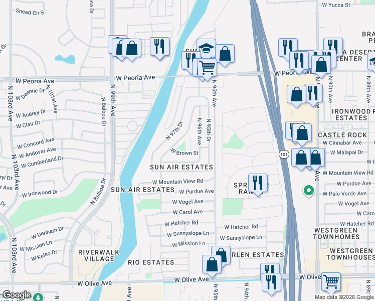 map of restaurants, bars, coffee shops, grocery stores, and more near 9614A West Cinnabar Avenue in Peoria