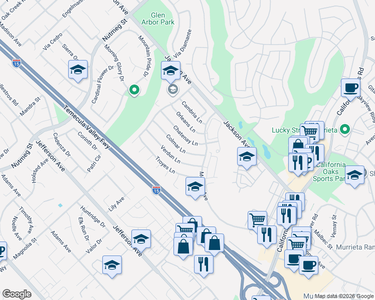 map of restaurants, bars, coffee shops, grocery stores, and more near 24097 Colmar Lane in Murrieta
