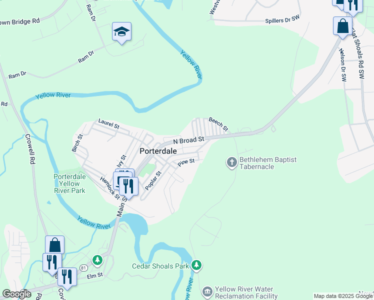 map of restaurants, bars, coffee shops, grocery stores, and more near 13 Poplar-Pine in Porterdale
