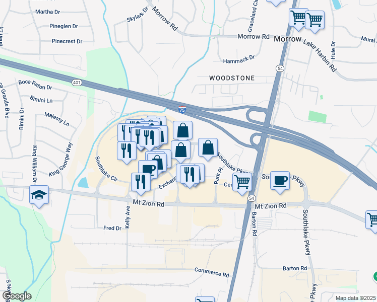 map of restaurants, bars, coffee shops, grocery stores, and more near 1253 Southlake Circle in Morrow
