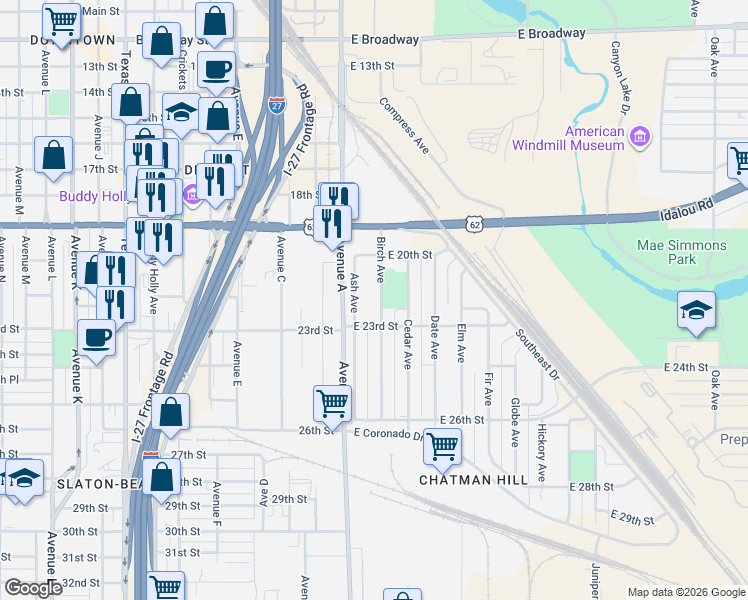 map of restaurants, bars, coffee shops, grocery stores, and more near 2204 Birch Ave in Lubbock
