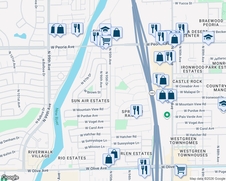 map of restaurants, bars, coffee shops, grocery stores, and more near 9967 North 94th Lane in Peoria