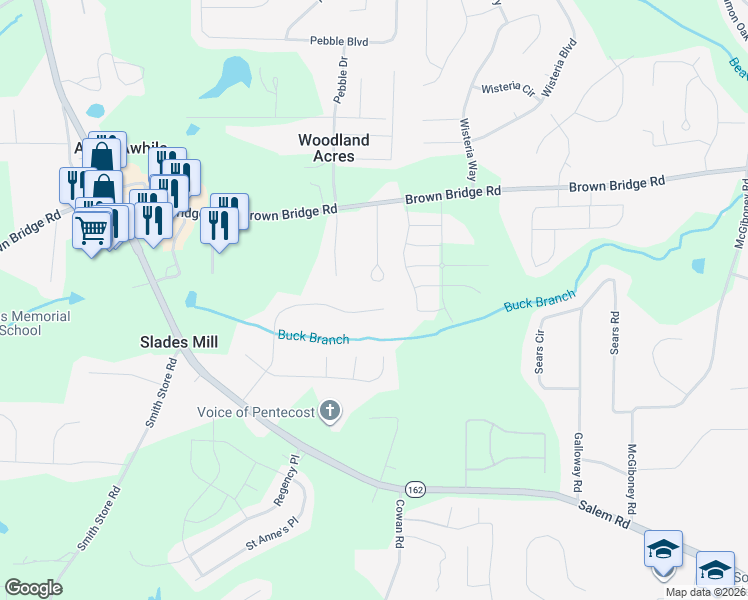map of restaurants, bars, coffee shops, grocery stores, and more near 190 Buck Creek Drive in Covington