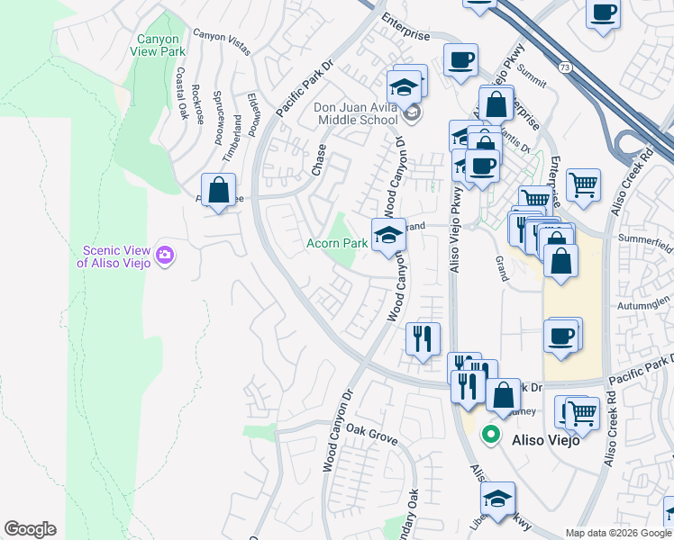 map of restaurants, bars, coffee shops, grocery stores, and more near 3 Aurora in Aliso Viejo