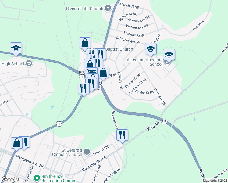 map of restaurants, bars, coffee shops, grocery stores, and more near 118 Brentwood Place Northeast in Aiken