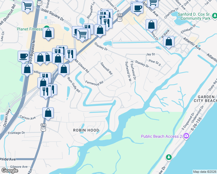 map of restaurants, bars, coffee shops, grocery stores, and more near 888 Kittiwake Lane in Murrells Inlet