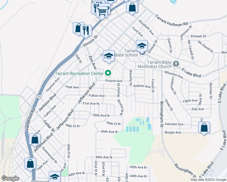 map of restaurants, bars, coffee shops, grocery stores, and more near 1369 Park Avenue in Birmingham
