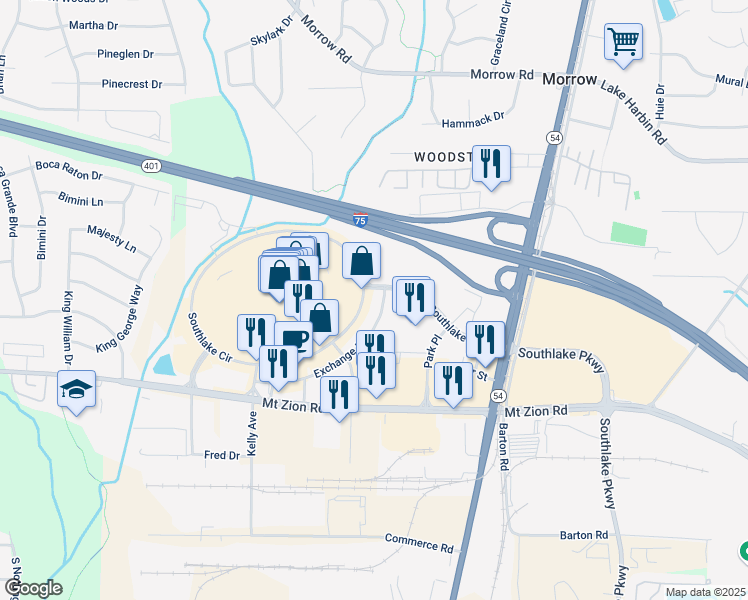 map of restaurants, bars, coffee shops, grocery stores, and more near 1253 Southlake Circle in Morrow