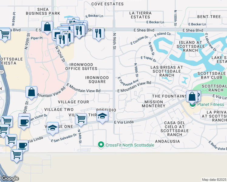 map of restaurants, bars, coffee shops, grocery stores, and more near N 96th St & E Mountain View Rd in Scottsdale