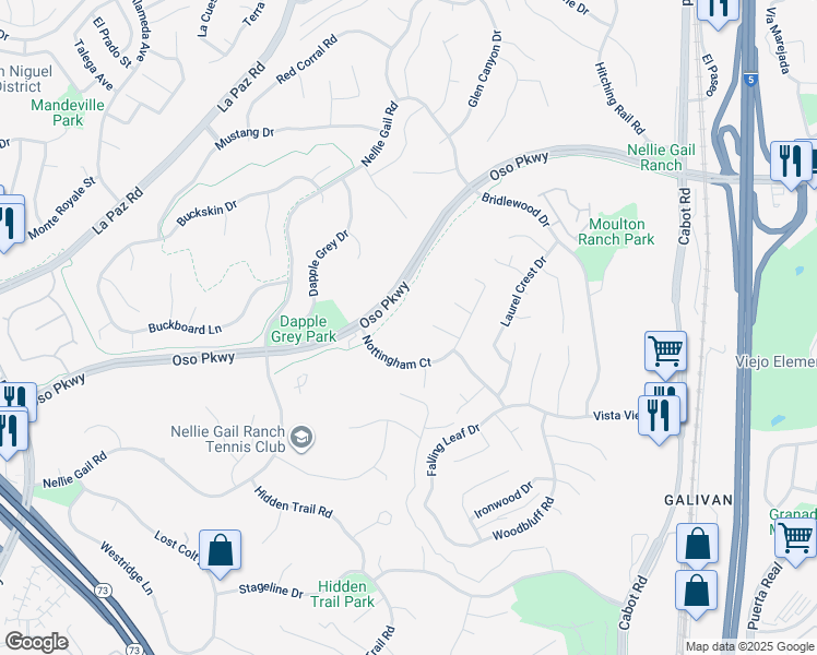 map of restaurants, bars, coffee shops, grocery stores, and more near 25542 Harrington Court in Laguna Hills