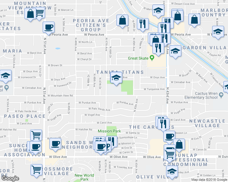 map of restaurants, bars, coffee shops, grocery stores, and more near 4626 West Mountain View Road in Glendale