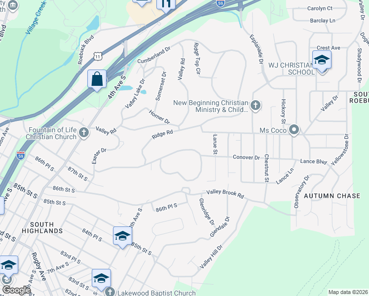 map of restaurants, bars, coffee shops, grocery stores, and more near 604 Ridge Road in Birmingham