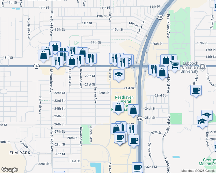 map of restaurants, bars, coffee shops, grocery stores, and more near 6104 21st St in Lubbock