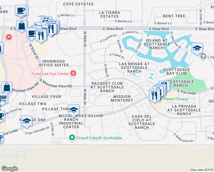 map of restaurants, bars, coffee shops, grocery stores, and more near 9707 East Mountain View Road in Scottsdale