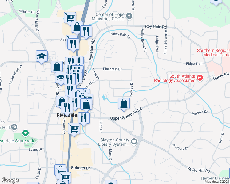 map of restaurants, bars, coffee shops, grocery stores, and more near 6564 River Road in Riverdale