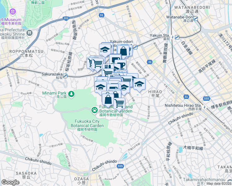 map of restaurants, bars, coffee shops, grocery stores, and more near in Fukuoka